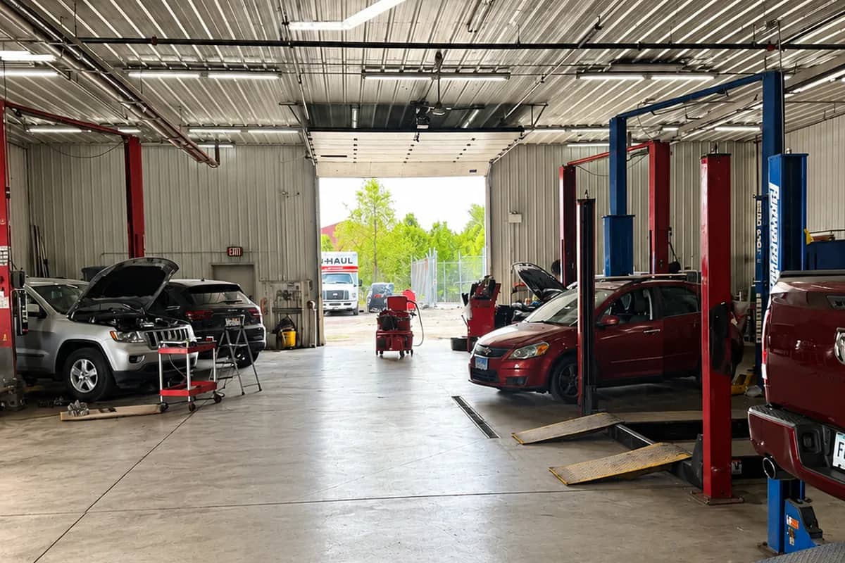 Service bays with vehicle lifts at R Complete Auto Care in Crown Point, IN
